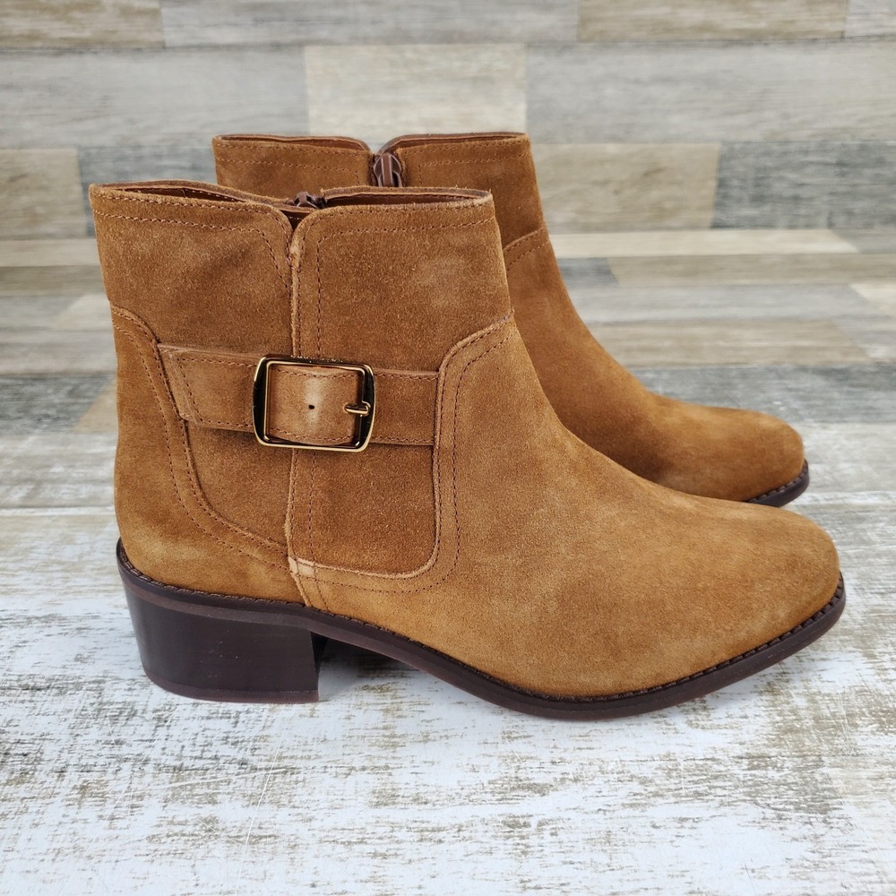 Cole Haan Tadala Womens Ankle Bootie Sz 8 B Brown Leather Side Zip Block Heel